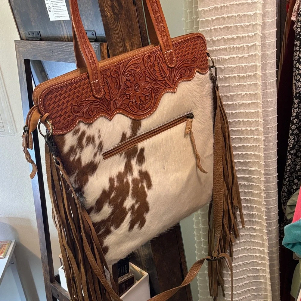 Brown and Tan Leather Fringe Tote Bag - Picture 2 of 3